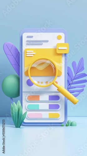 Magnifying the Digital World: A vibrant 3D illustration of a smartphone displaying digital data, enhanced with a magnifying glass, perfect for conveying the concepts of search, analysis.
