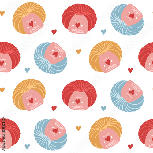 Pattern of multicolored yarn balls with hearts. Seamless flat color texture. The yarn balls are made in pink, blue, and yellow, creating a playful and vibrant design. Packaging for yarn store branding