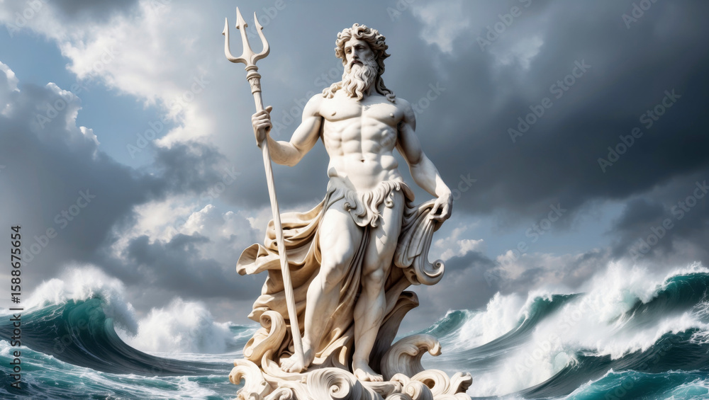 A majestic marble statue of Poseidon (Neptune), the legendary Greek god of the seas, with stormy clouds and a turbulent sea behind A majestic marble statue of Poseidon (Neptune), the legendary Greek god of the seas, with stormy clouds and a turbulent sea behind