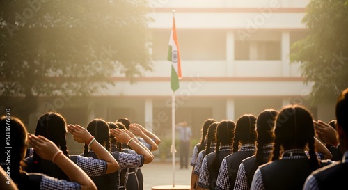 School children saluting the Indian flag during a morning flag-raising ceremony.