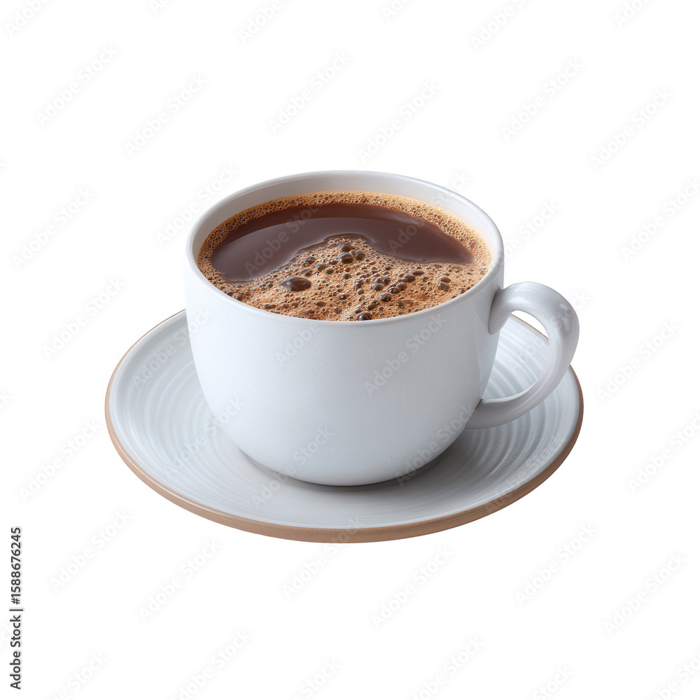 Fototapeta premium A steaming cup of coffee on a white ceramic saucer, showcasing rich, dark liquid and frothy surface, perfect for cozy mornings or energizing breaks.