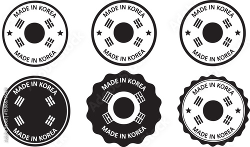 Korean origin stamps with national symbols made in korea, made in korea, stamp, seal, origin, national symbol, korean flag, taegeuk, trigrams, stars, circular, graphic design, black and white, vector,