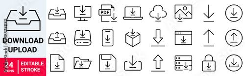 Download and upload icons in line style. Button, symbol. Collection. Vector illustration.