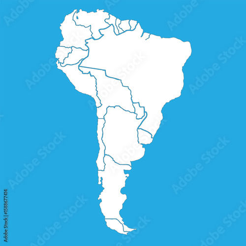 A white outline of the South American continent, showing country borders, against blue background.
