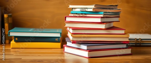 Neatly stacked textbooks and notebooks on a wooden desk, homework, knowledge