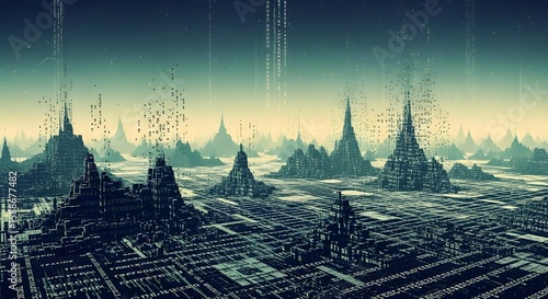 Futuristic alien landscape with geometric structures and digital rain, depicting a surreal, otherworldly city.