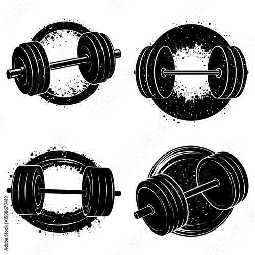 Four black and white vector illustrations of barbells with circular grunge backgrounds on a white background