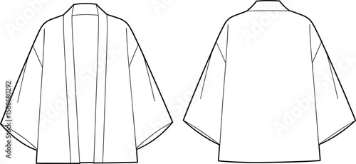 Traditional Japanese Kimono Line Art, Front and Back View, Minimalist Garment Sketch, Fashion Design Template, Vector Flat Drawing Illustration