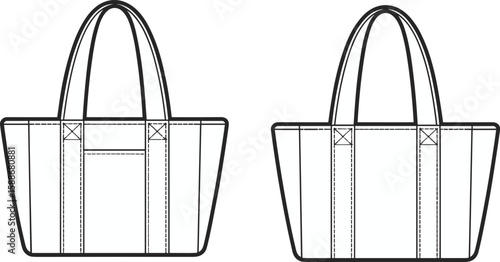 Tote bag technical fashion flat, front and back view, vector illustration, sewing pattern, accessory template, detailed line sketch design