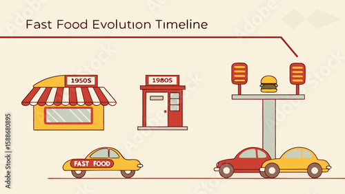 Illustration showing the evolution of fast food from the 1950s to the 1980s with drive ins and cars