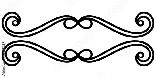 A graceful vintage horizontal vector line art in black showcases decorative curls and smooth symmetry, ideal for elegant design projects and creative backgrounds.