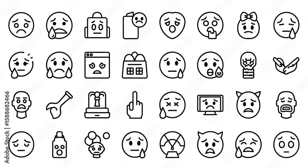 A collection of diverse emoji icons depicting various sad and crying emotions, each rendered in a simple line art style A collection of diverse emoji icons depicting various sad and crying emotions, each rendered in a simple line art style