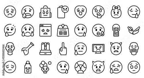 A collection of diverse emoji icons depicting various sad and crying emotions, each rendered in a simple line art style