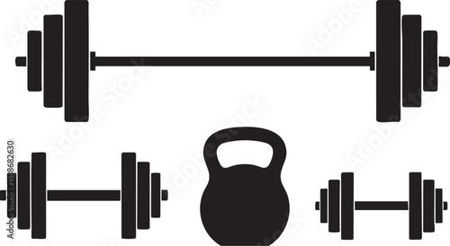 Collection of black silhouette weightlifting equipment including barbells and a kettlebell on white background