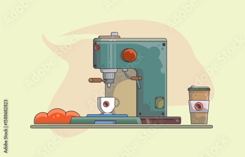 Coffee mechine and coffee drink in bottle and bread illustration in vector with cite flat design concept in cute vector .