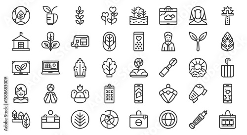 A diverse collection of line art icons representing nature, technology, business, and lifestyle elements