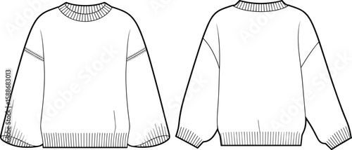Oversized Sweater Flat Sketch, Front and Back View, Fashion Design Template, Technical Vector Drawing, Casual Knitwear Apparel Illustration for Designers