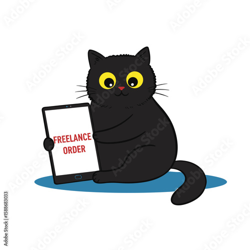 Fluffy black cat with round yellow eyes checking freelance order on smartphone  