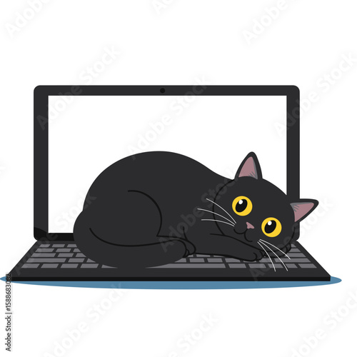 Flat icon of fluffy black cat with round yellow eyes sleeping on keyboard