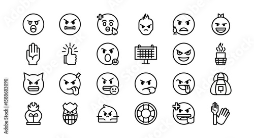 A striking set of angry and aggressive emoji icons conveying intense negative emotions and reactions for digital content