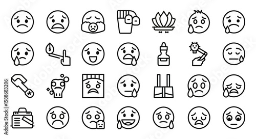 A collection of line art icons depicting various sad and crying emoji faces, representing emotions like unhappiness, despair, and sorrow