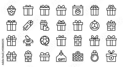 A diverse set of line art icons showcasing gift boxes with ribbons and bows, symbolizing presents for various celebrations and holidays