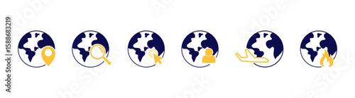 Set of icons related to globe, world, earth, map, geography, navigation, planet, global. Vector illustration of global and ecology related icons