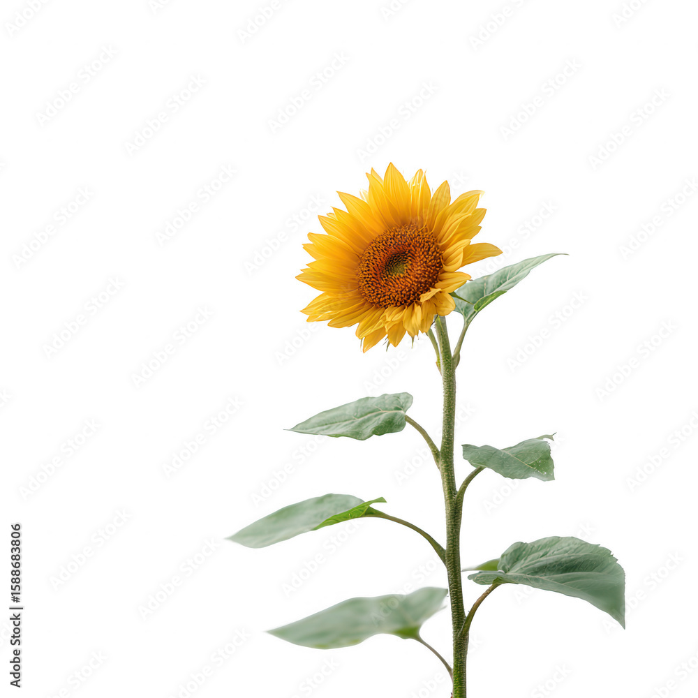 Naklejka premium A vibrant sunflower with bright yellow petals standing tall. Captured against a white isolated background, it symbolizes happiness and summer radiance.
