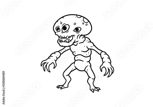 Alien monster drawing. It is a black and white outline image of a grotesque alien monster with multiple eyes and sharp teeth, depicting a scary creature. Vector sketch line art draw.