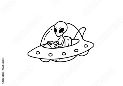 Alien in spaceship drawing. It is a black and white outline image of an alien piloting a classic flying saucer spaceship. Vector sketch line art draw.