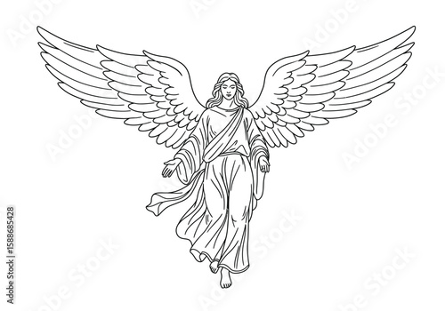 Angel Gabriel drawing. It is a black and white outline of the Archangel Gabriel with outstretched wings, symbolizing divine messages and heavenly grace. Vector sketch line art draw.