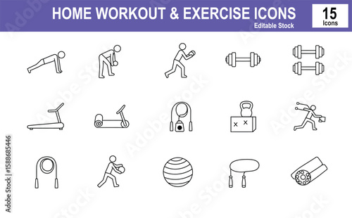 Home Workout & Exercise Icons, Minimal black and white vector icons showing home-based workouts such as pushups