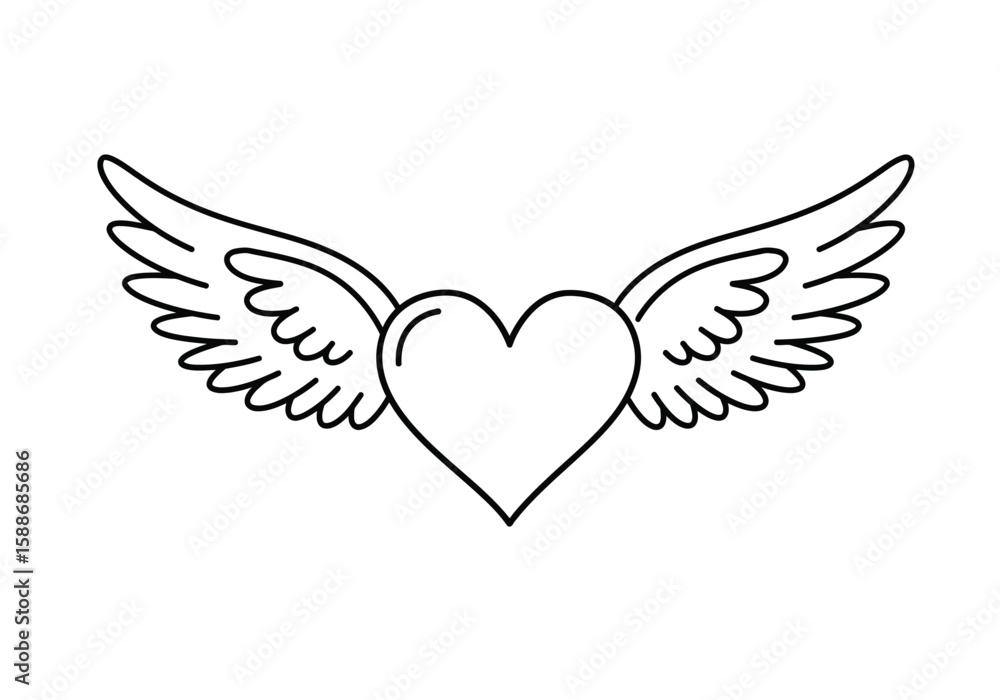 Obraz premium Angel heart drawing. It is a black and white outline image of a winged heart, symbolizing divine love, freedom, and spiritual connection. Vector sketch line art draw.
