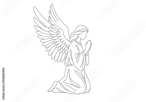 Angel praying drawing. It is a black and white outline of an angel with folded hands and wings, depicting a moment of devout prayer. Vector sketch line art draw.
