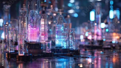 Futuristic cityscape of glowing glass labware