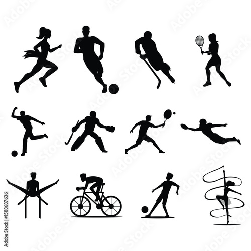 sports icons , soccer, basketball, baseball, tennis, golf, football, hockey, volleyball, swimming, running, cycling, boxing, wrestling, gymnastics, cricket, rugby, skiing, snowboarding, skateboarding,