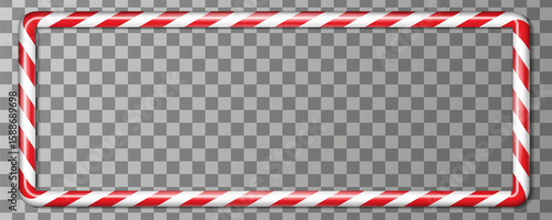 Christmas candy cane horizontal rectangle frame. Holiday border with red striped. Xmas frame with striped candy lollipop pattern. Christmas and new year vector template
