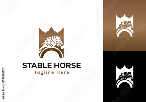 Elegant Stable Horse Logo Design featuring a stylized horse head and abstract mountain range with arched doorway visual