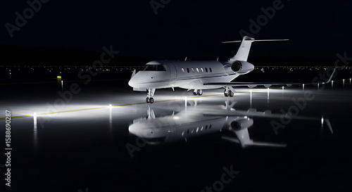 Wallpaper Mural Private jet illuminated on a dark tarmac at night, its reflection mirrored perfectly in the wet surface. Torontodigital.ca