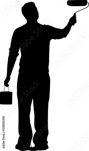 Man Painting Wall with Roller Brush Silhouette