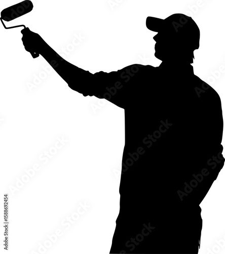 Man Painting Wall with Roller Brush Silhouette
