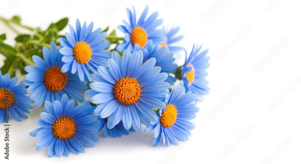 Obraz premium Blue Daisies with Orange Centers on White Background