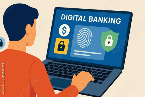 Flat Vector Illustration of Person Using Laptop for Digital Banking with Security Icons