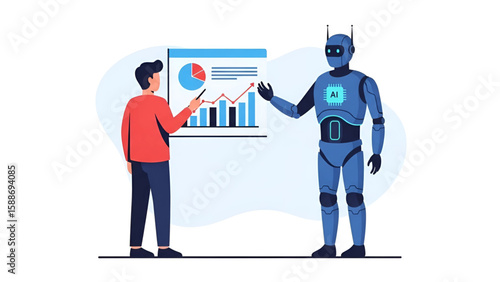 A businessman presents positive growth data on a chart to a friendly AI robot symbolizing collaborative progress
