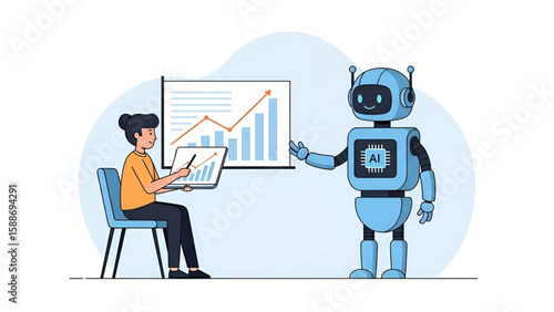 A woman reviews upward trending graphs with a friendly AI robot showcasing collaborative data analysis and future growth
