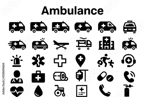 Ambulance Solid Icon Set: Emergency Services, Medical, and Rescue Symbols