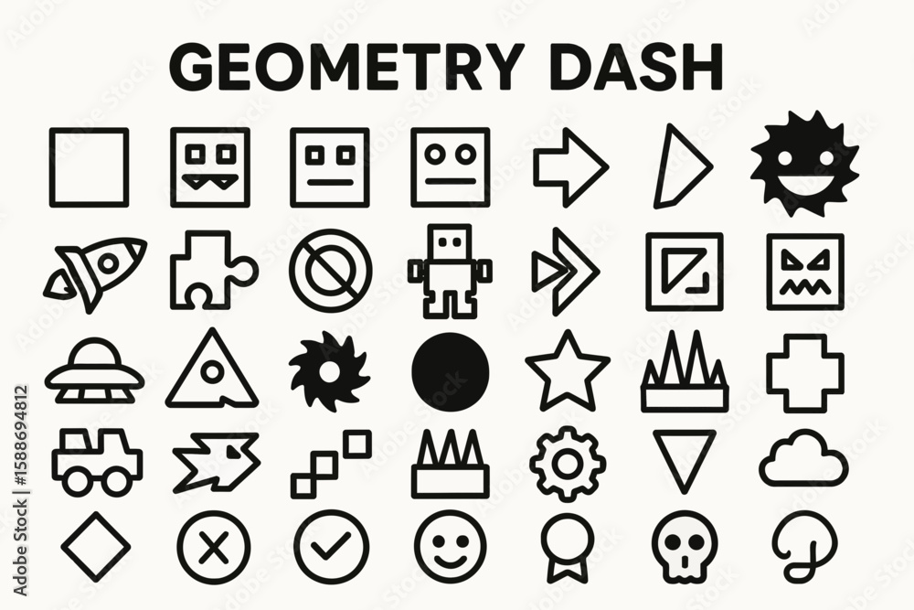 Fototapeta premium Geometry Dash Solid Icon Set: Gaming, Platformer, and Mobile Game Symbols