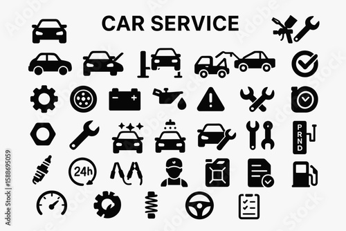 Car Service Solid Icon Set: Automotive, Repair, and Vehicle Maintenance Symbols