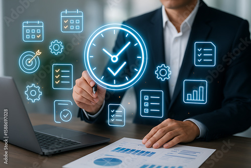 Businessman Using Digital Time Management Tools for Productivity and Planning