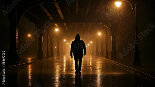 Mysterious figure walks alone under streetlights in rainy urban setting at night